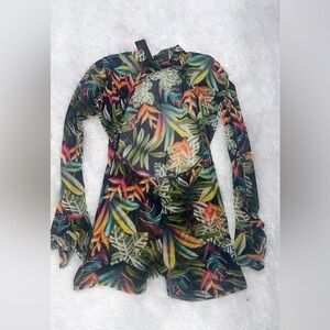 Tropical Leaf Print Long Sleeve Dress